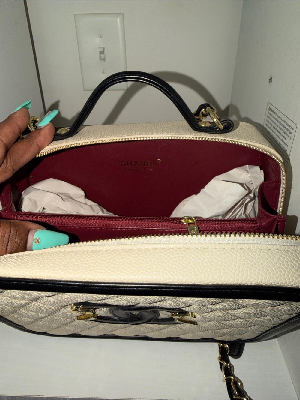 Cream and Black Quilted Vanity Crossbody with Gold Accents - Picture 2 of 2